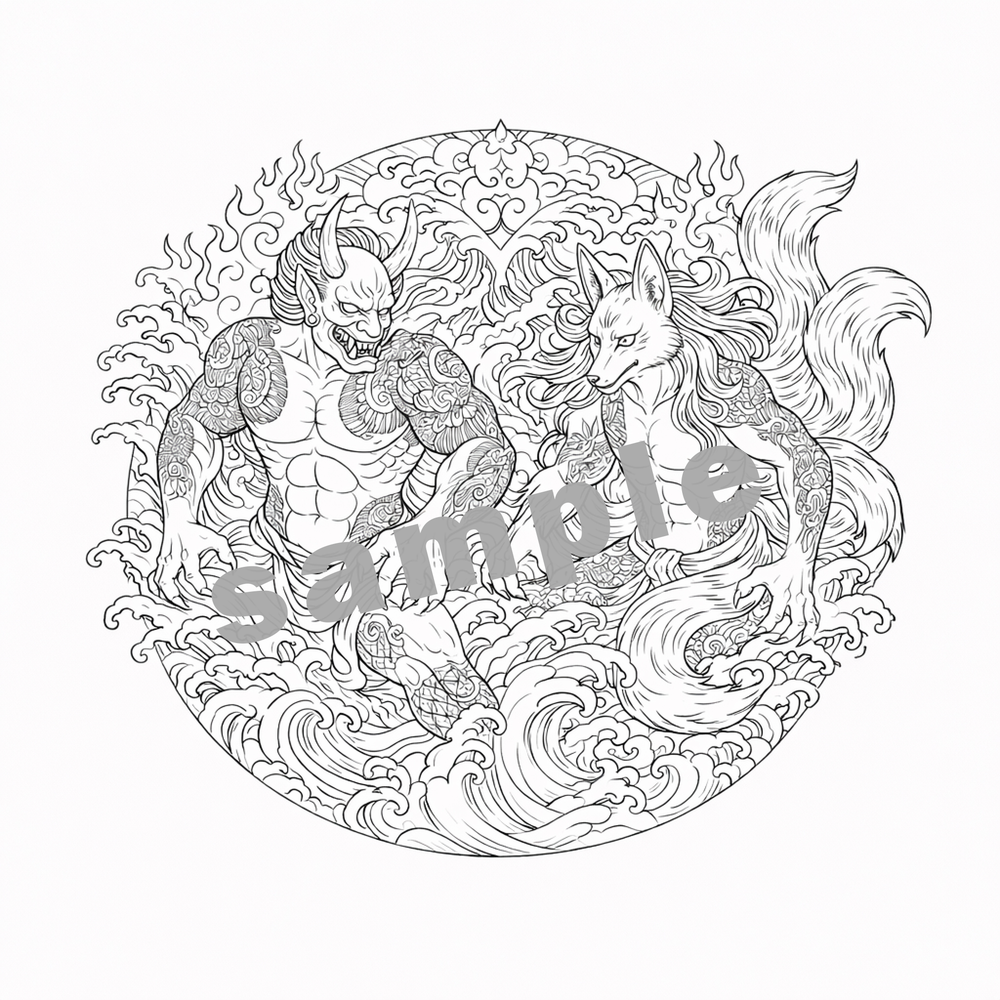 Oni vs Kitsune coloring page sample