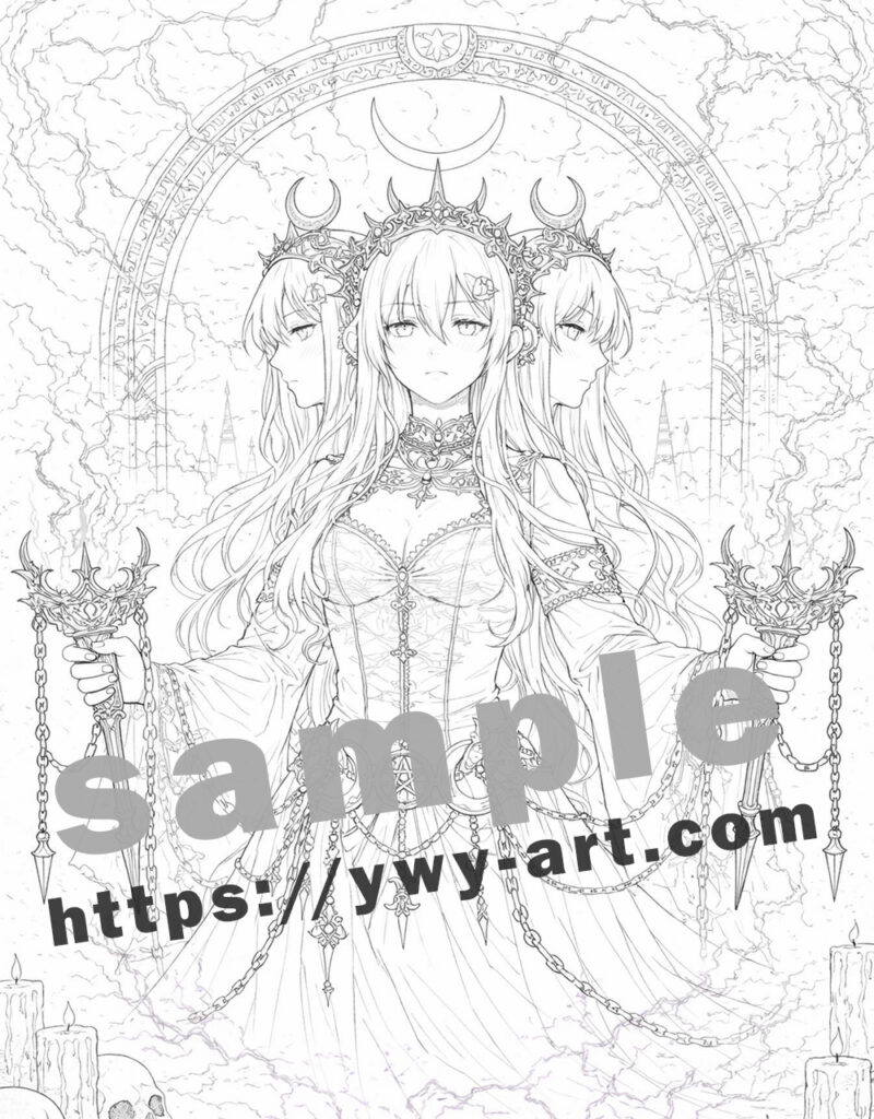 Hecate line art coloring page inspired by Greek mythology