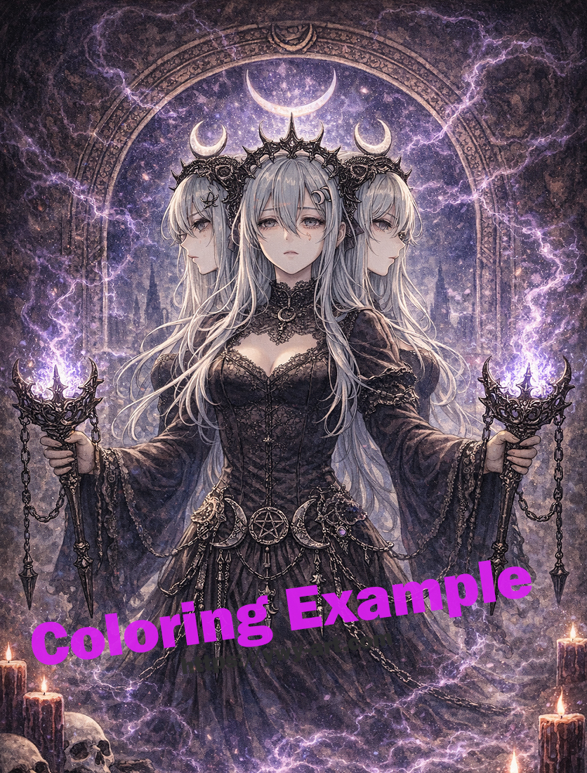 Hecate coloring example with ritual gate, candlelight, and mystical storm tones