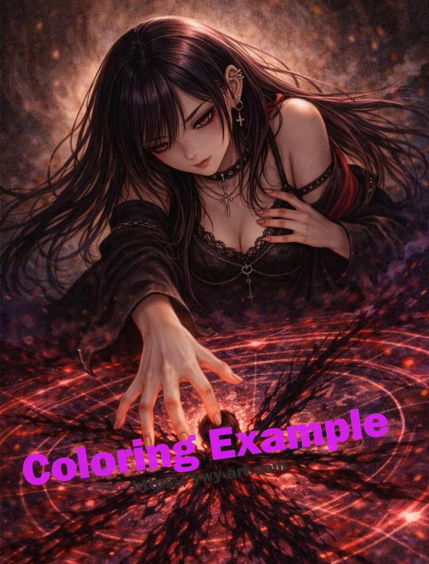 Medea coloring example with glowing ritual circle and dark layered magic