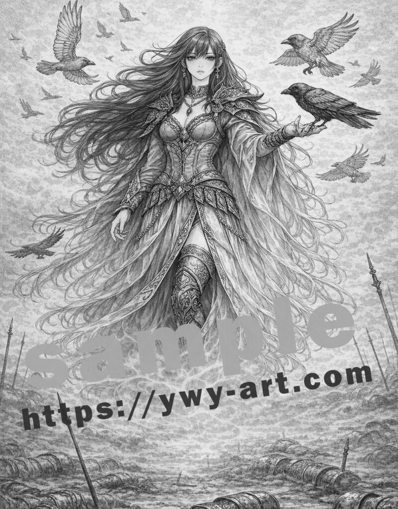Morrigan line art coloring page inspired by Celtic mythology
