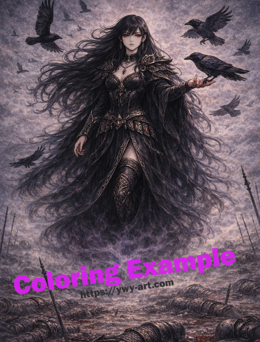 Morrigan coloring example with ravens, mist, and restrained dark tones