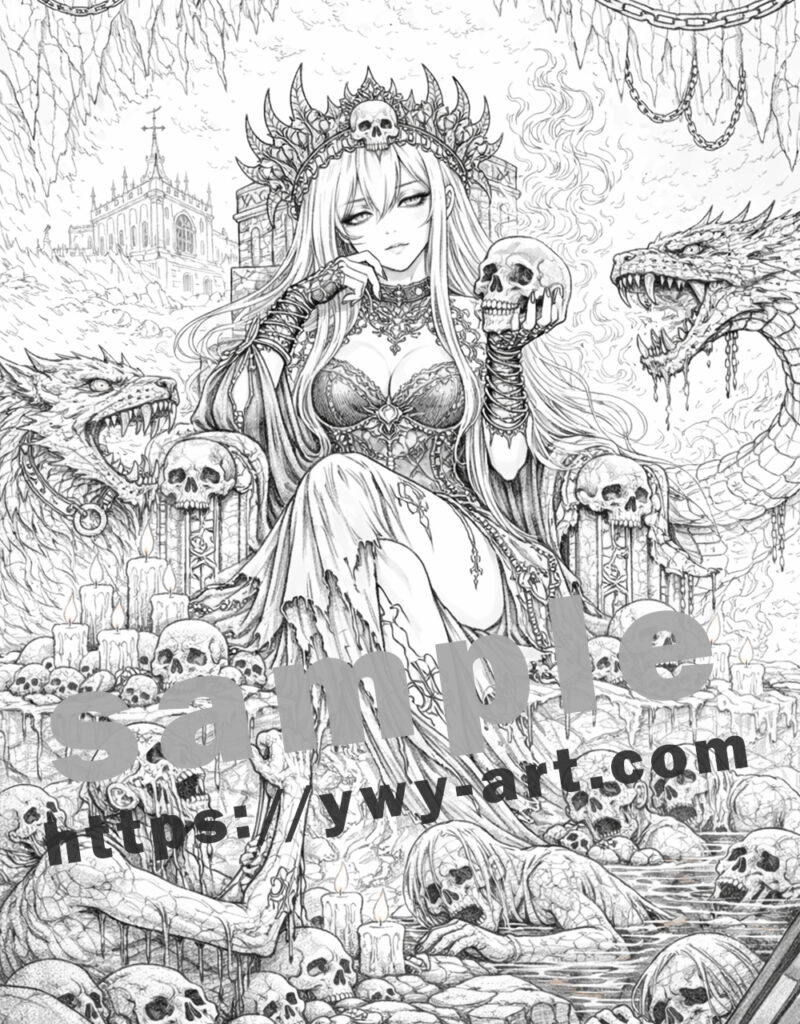 Hel line art coloring page inspired by Norse mythology
