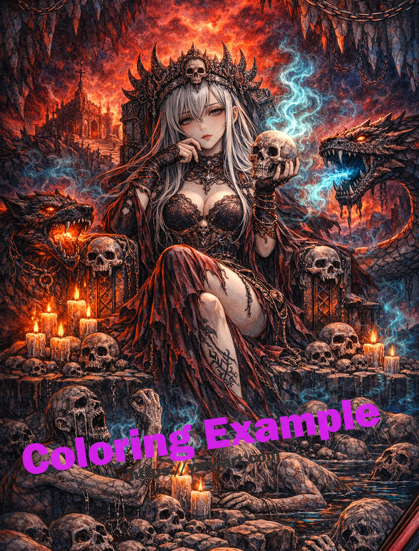 Hel coloring example with red underworld tones and blue spirit flames