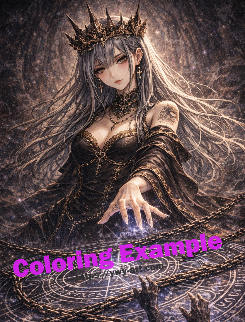 Ereshkigal coloring example with dark gothic tones and glowing seal
