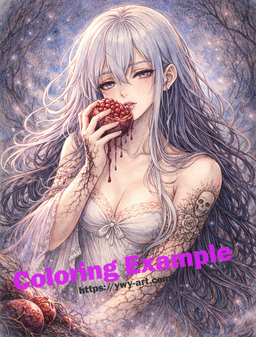 Persephone coloring example with pomegranate and underworld tones