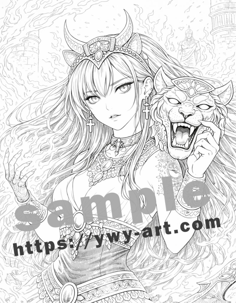 Sekhmet line art coloring page inspired by Egyptian mythology