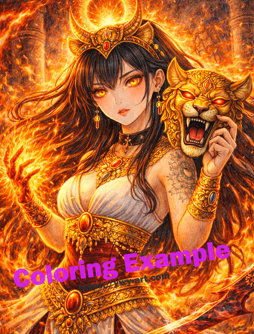 Sekhmet coloring example with fiery red and gold tones